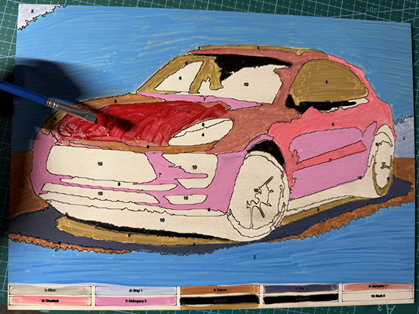 Diseño de coche para pintar por números grabado con láser en contrachapado